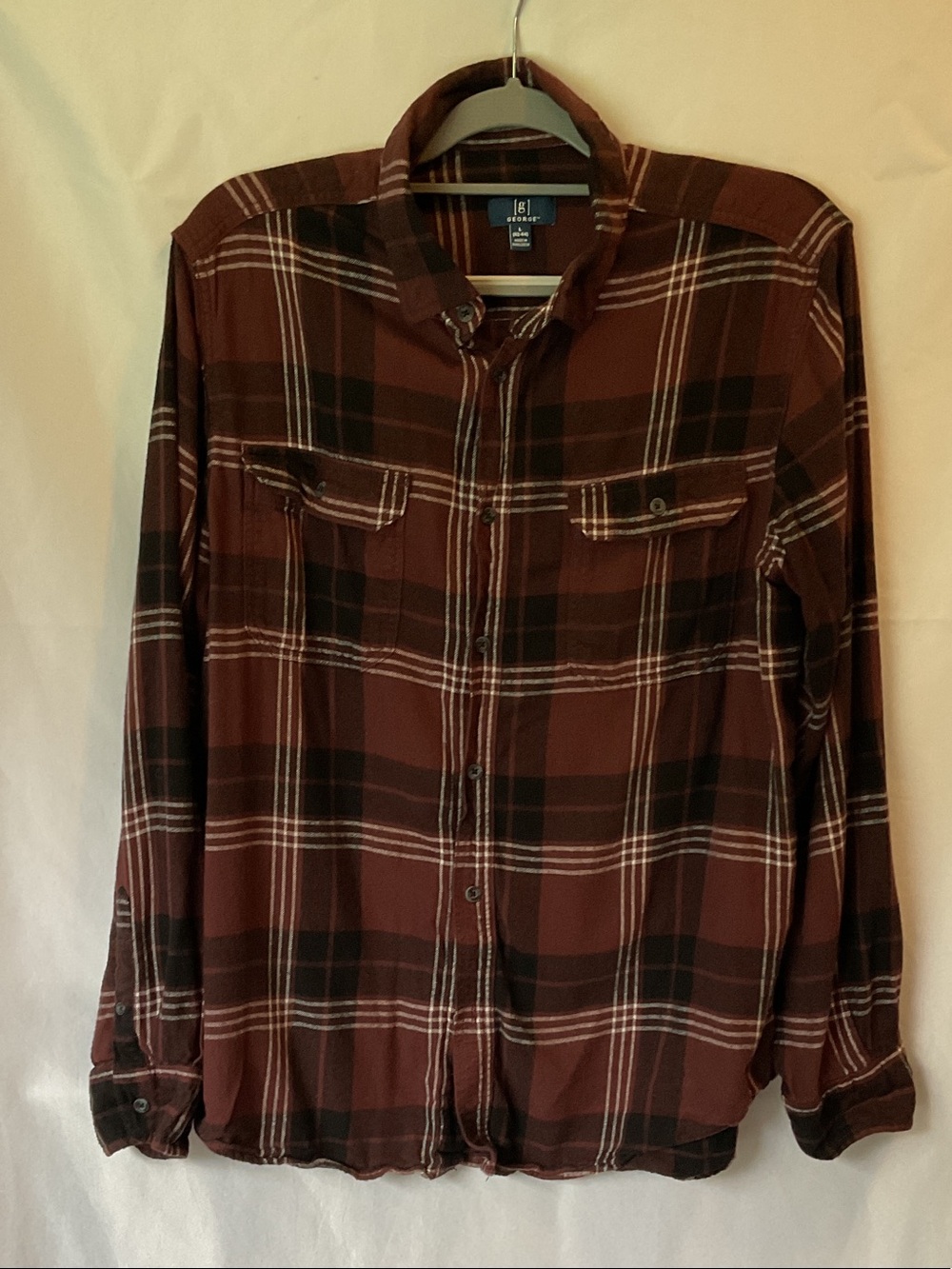 George Men's Burgundy and Black Plaid Lightweight Flannel Shirt